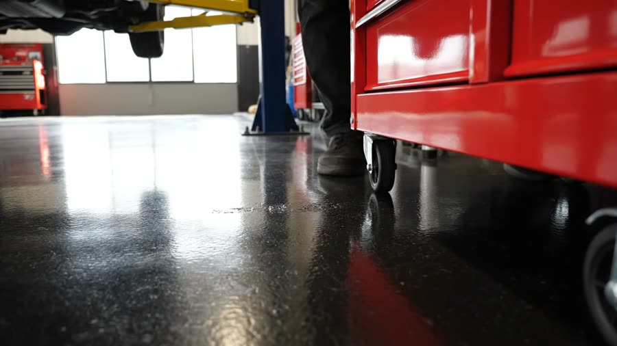Glossy coated shop floor under a vehicle lift