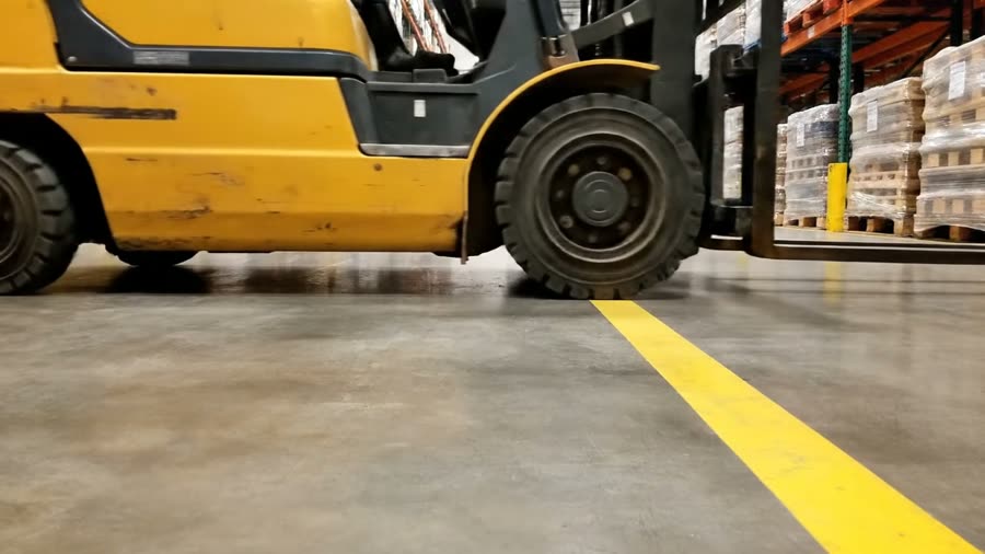 Coated warehouse aisle with yellow safety striping